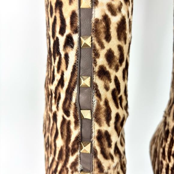 Valentino Rockstud Over the Knee Leopard Print Cowhair Stiletto Boots 40 - Picture 5 of 8